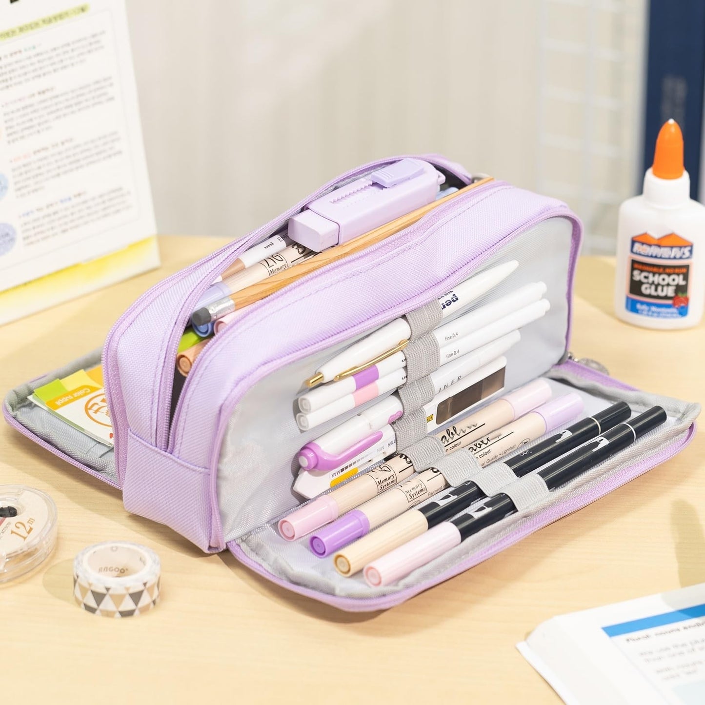 Large Capacity 3 Compartment Pencil Case Pouch Bag for School & Office   Purple2