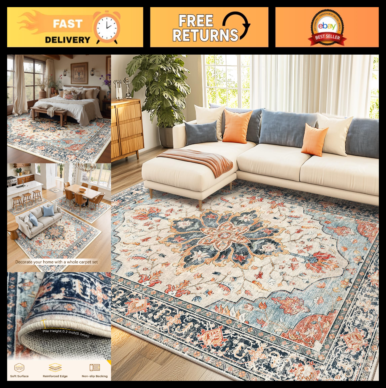 Washable 8'x10' Area Rug   Non Slip, Water Repellent, Pet Friendly, Vintage Flor0