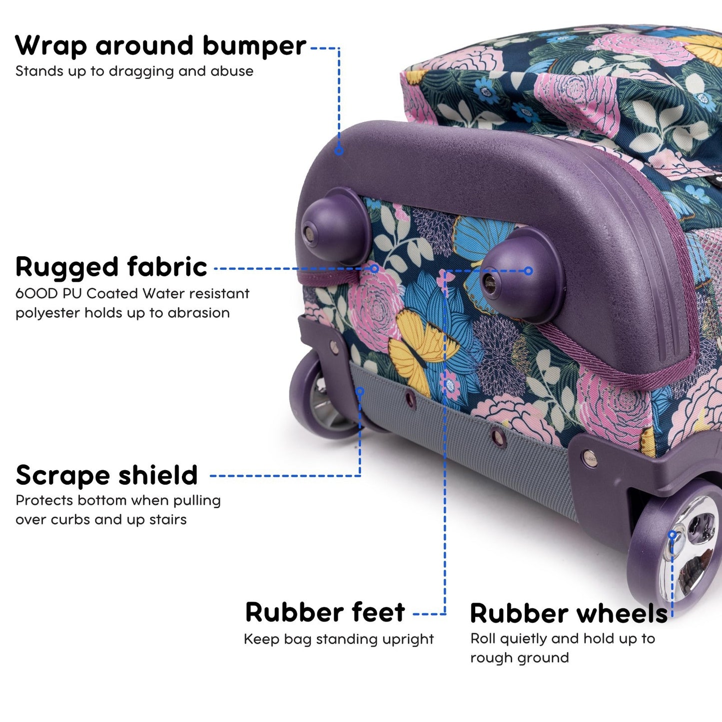 Kids Rolling Backpack with Wheels, 18" School Bookbag for Girls & Boys, Floral D4