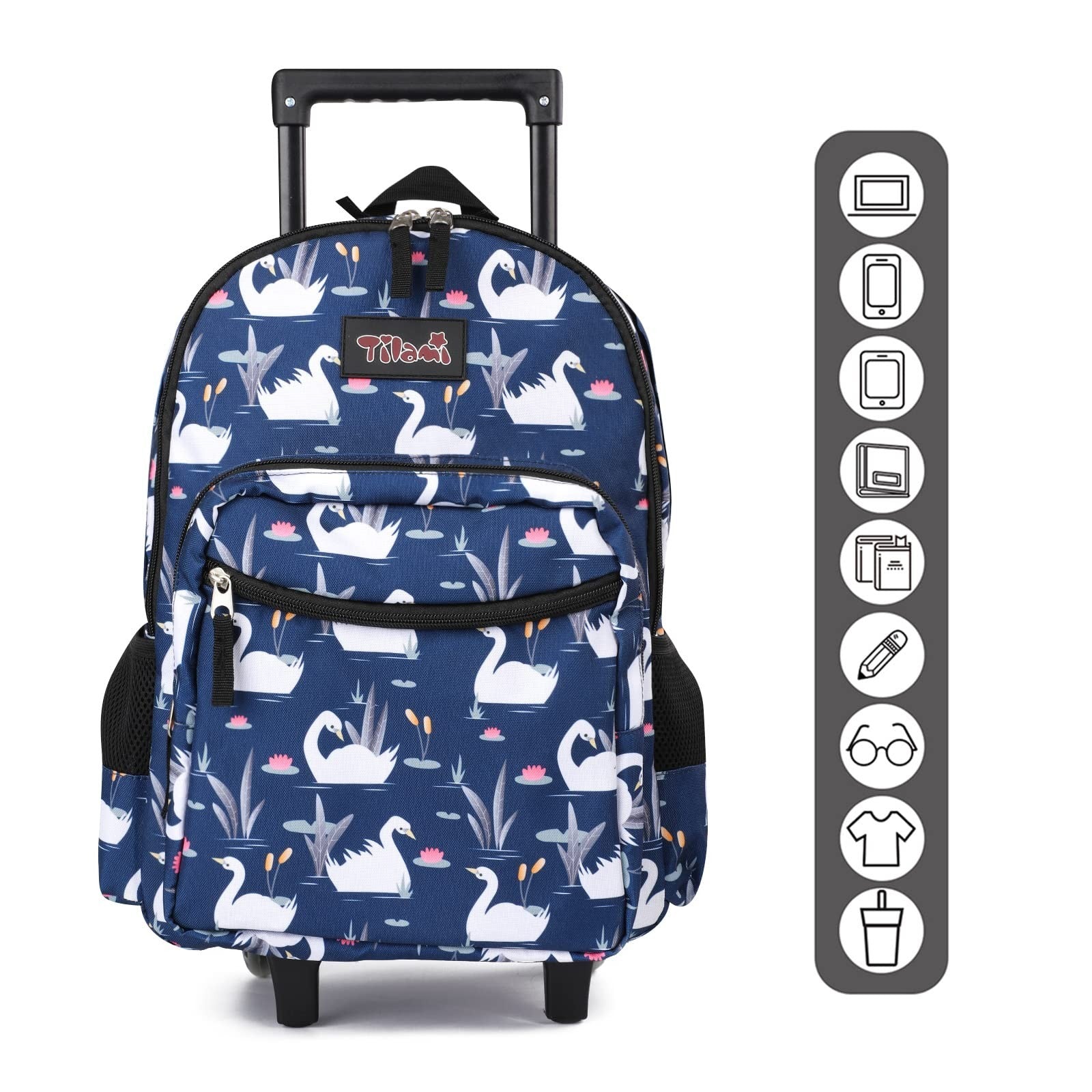 Wheeled Kids Backpack 18" Rolling Bag with Lunch Bag, Double Handle, Swan Blue3
