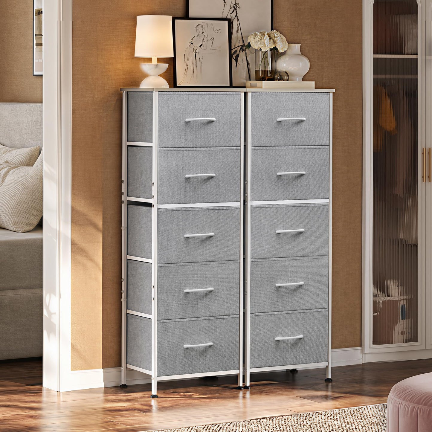Tall Dresser for Bedroom - 5 Drawer Vertical Chest, Light Grey Fabric Storage, S4