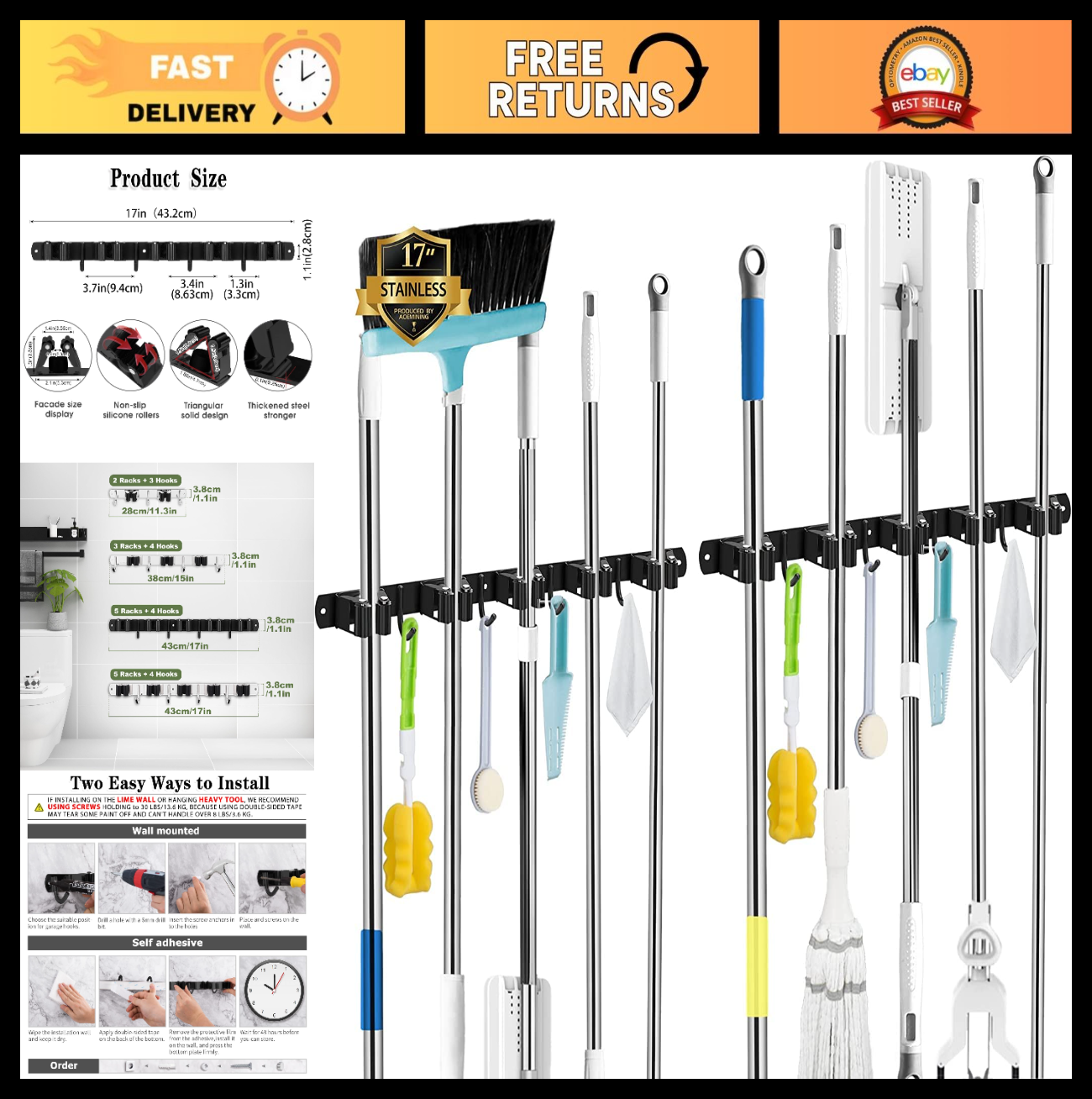 2 Pack Wall Mount Broom Holder, 5 Racks & 4 Hooks for Mop Storage, Space Saver0