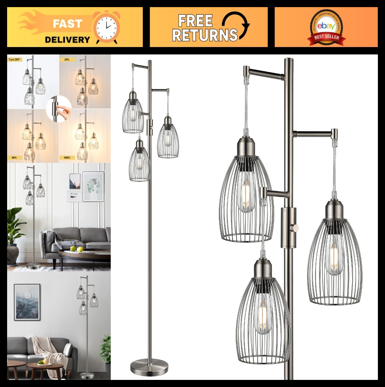 Dimmable Industrial Floor Lamp with 3 LED Edison Bulbs, Elegant Teardrop Design,0