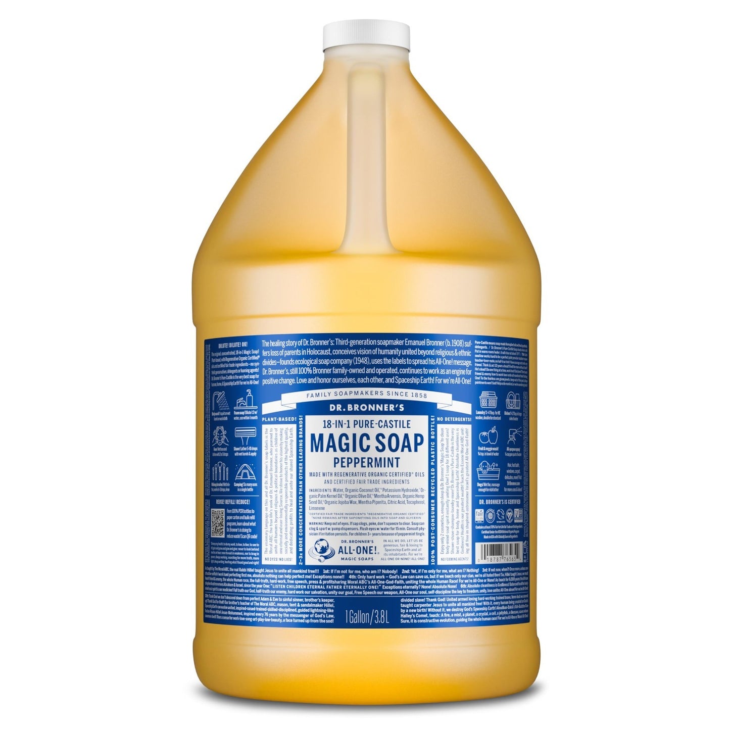 Pure-Castile Liquid Soap Refill 1 Gallon - Peppermint, 18-in-1 Uses: Body Wash,1