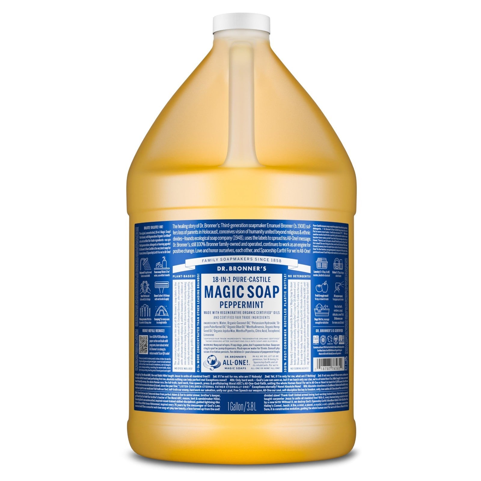 Pure-Castile Liquid Soap Refill 1 Gallon - Peppermint, 18-in-1 Uses: Body Wash,1