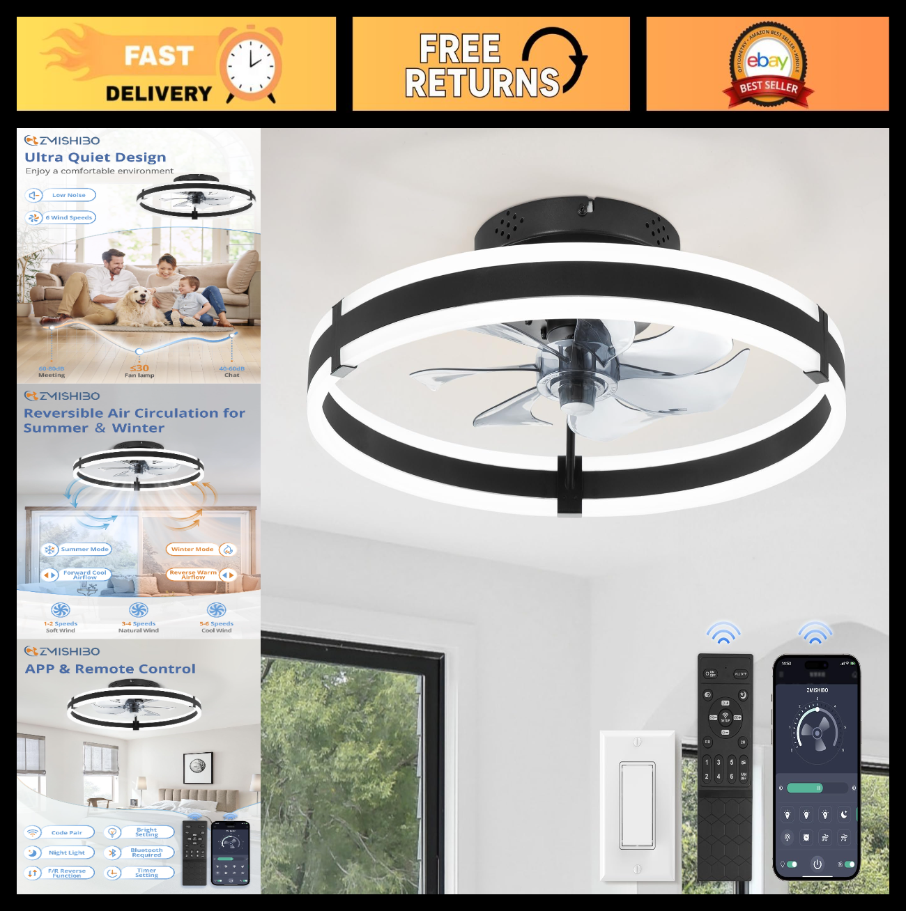 Low Profile 19.7'' Ceiling Fan with Lights & Remote, Dimmable LED, Quiet Motor,0