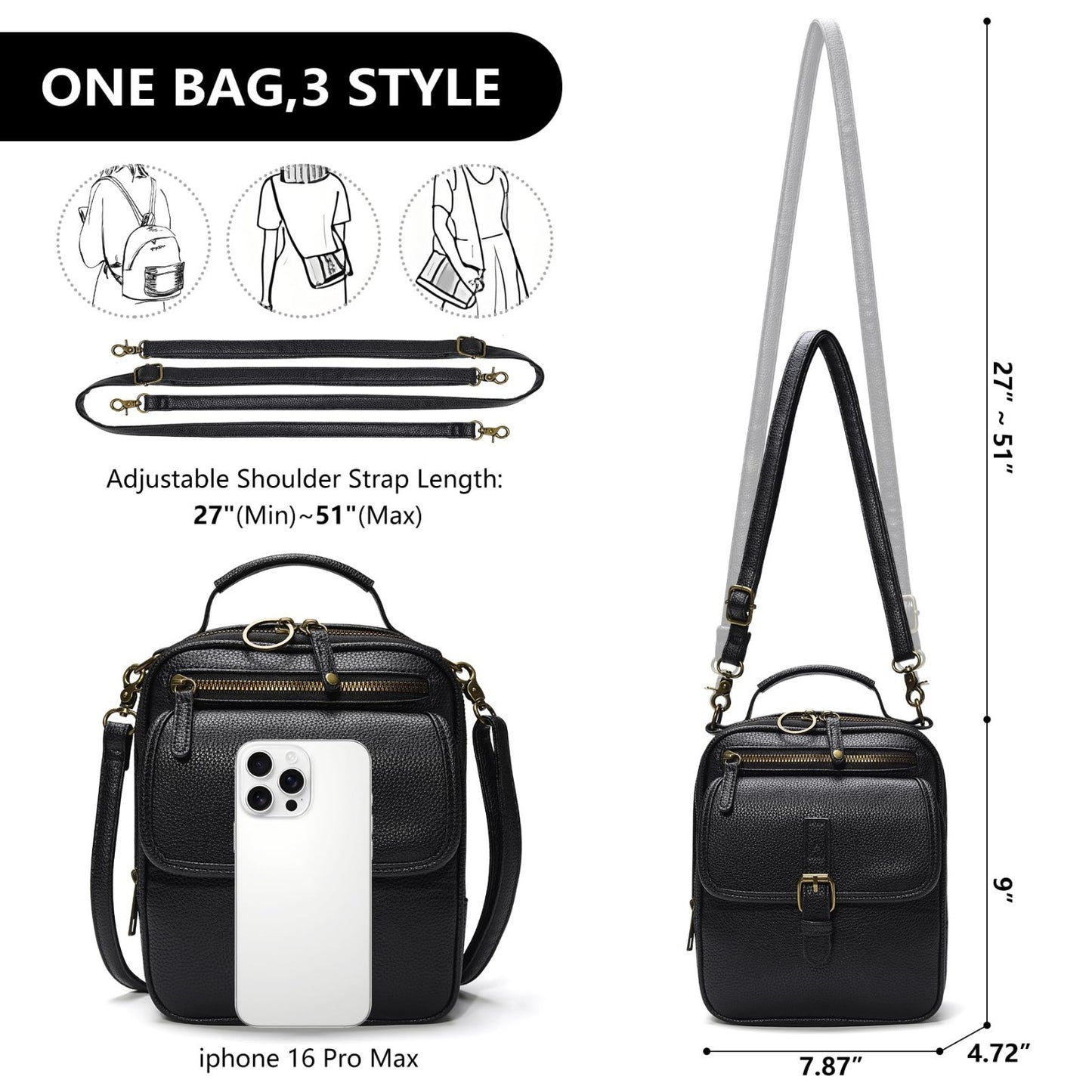 Vegan Leather Crossbody Bags for Women - Vintage Anti-Theft Messenger Purse with4
