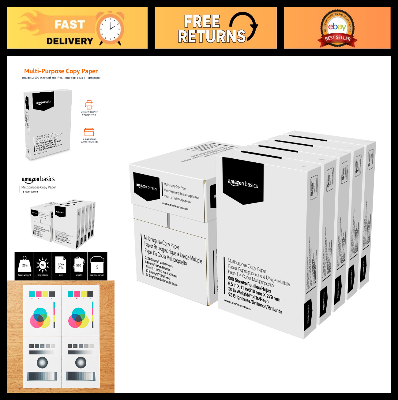 Multipurpose Copy Printer Paper 20 lb, 8.5x11", 2500 Sheets, 92 Bright White, 50