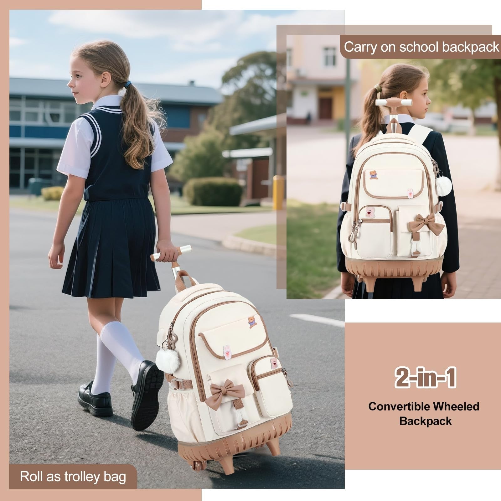 Rolling Backpack for Girls   Wheeled School Bag with Lunch Bag & Pencil Pouch, B6