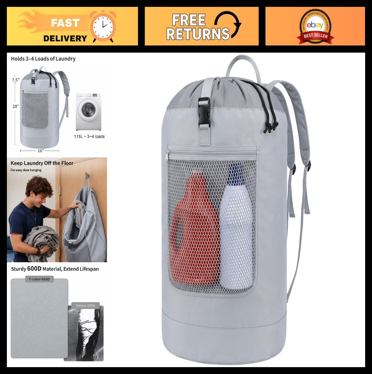 115L Laundry Backpack for College - Heavy-Duty, Wide Straps, Drawstring Closure,0