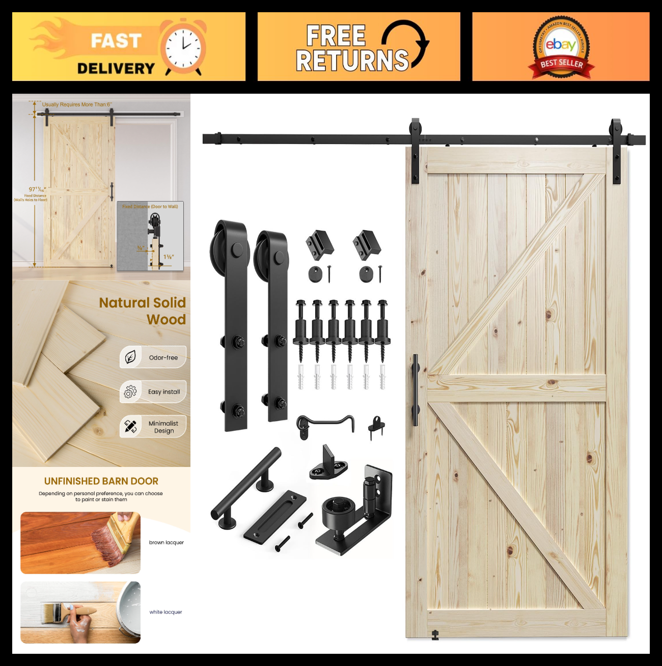 48"x96" Sliding Barn Door with 8ft Hardware Kit   Unfinished Solid Spruce, DIY,0