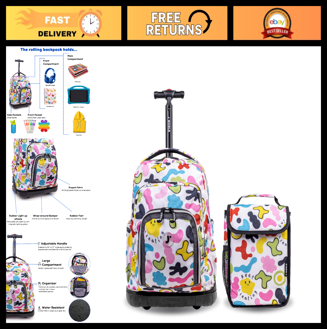 Kids Rolling Backpack & Lunch Bag Set   Elementary School Carry On Suitcase with0