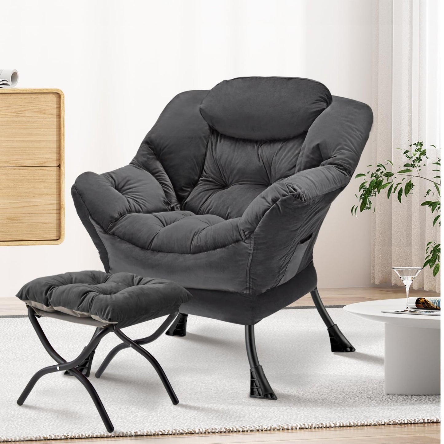 Modern Folding Ottoman Lazy Chair - Large Accent Armchair for Bedroom, Office &2