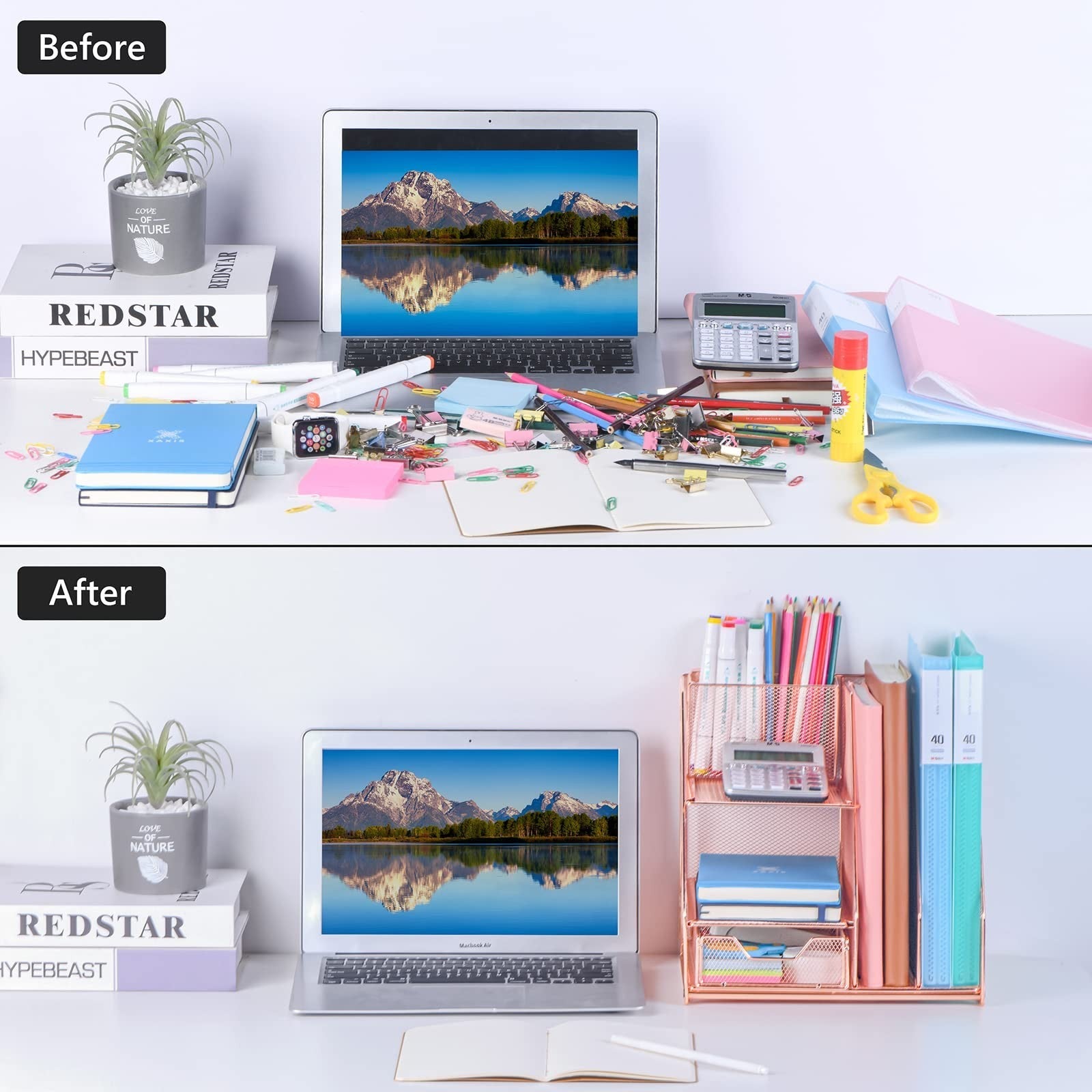 Rose Gold Desk Organizer Caddy with Sliding Drawer, Double Tray & Pen Holder   O5