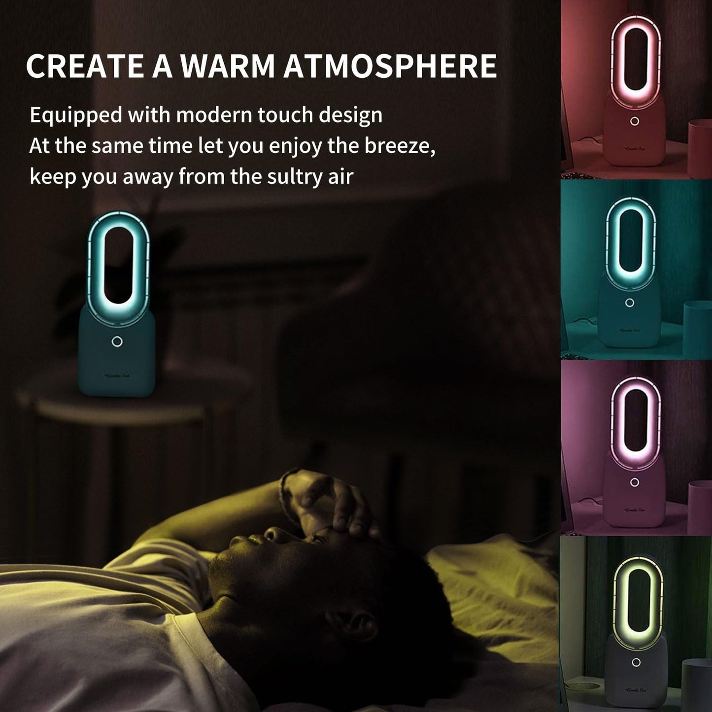 Rechargeable Bladeless Desk Fan 11.8”   5 Color Ambient Lights, Touch Control, Q4