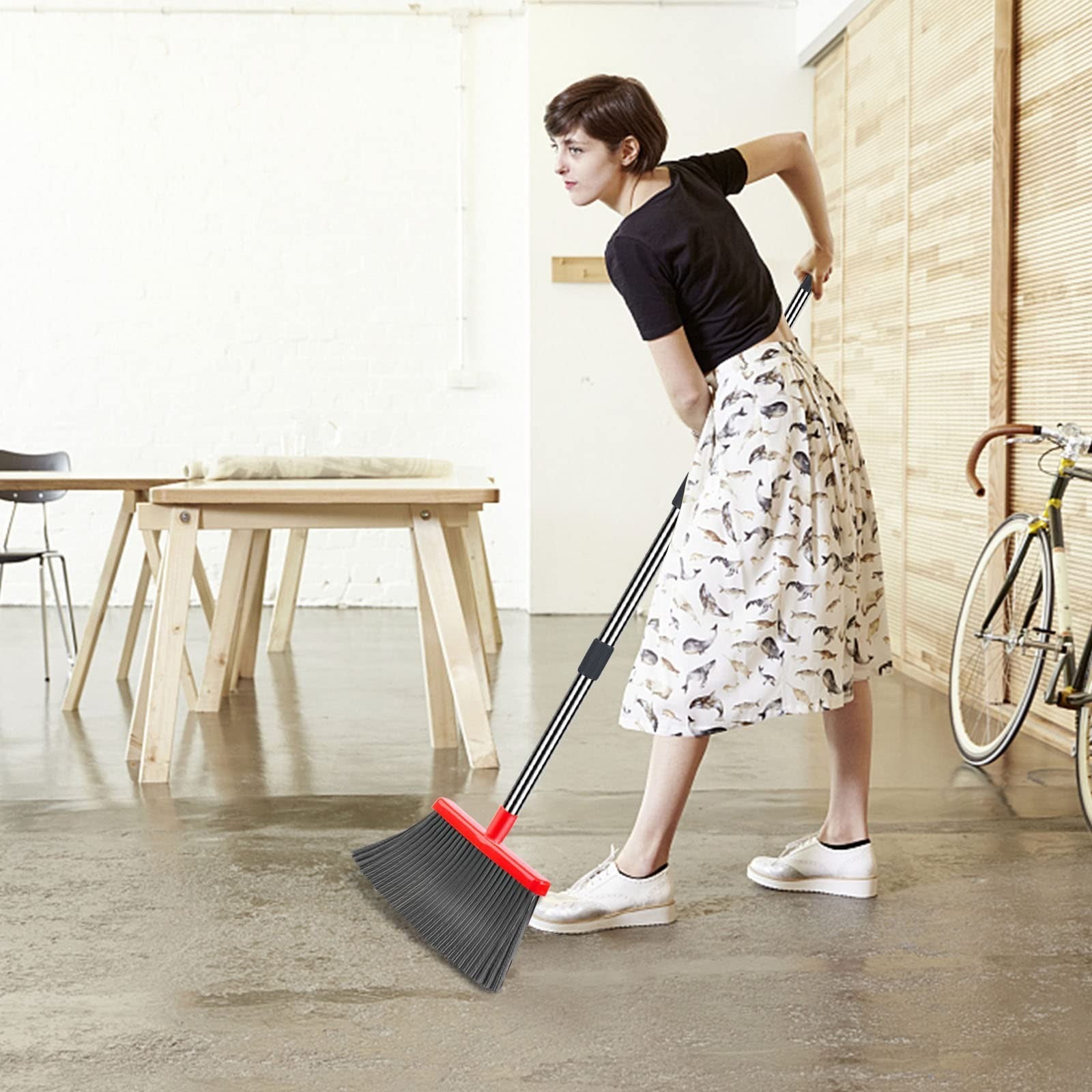 Large Broom and Dustpan Set, Long Handle Combo for Indoor/Outdoor Use, Black & R2