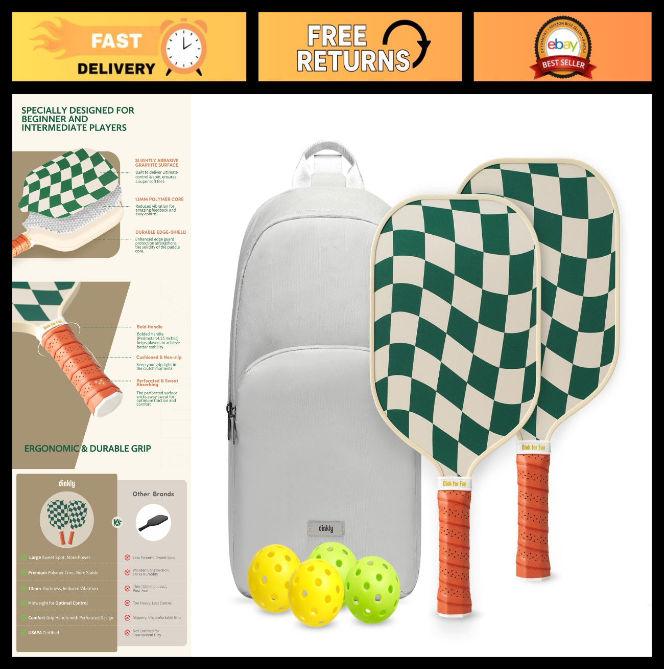 Pickleball Paddle Set of 2/4 - USAPA Approved, Graphite/Fiberglass, Rackets & Ba0