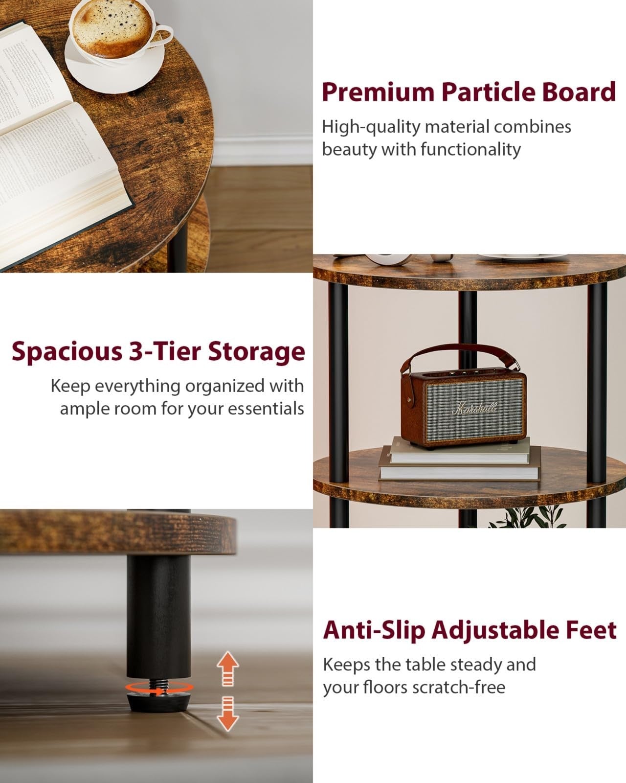 Set of 2 Small Round End Tables - 3 Tier Accent Nightstands for Bedroom, Living4