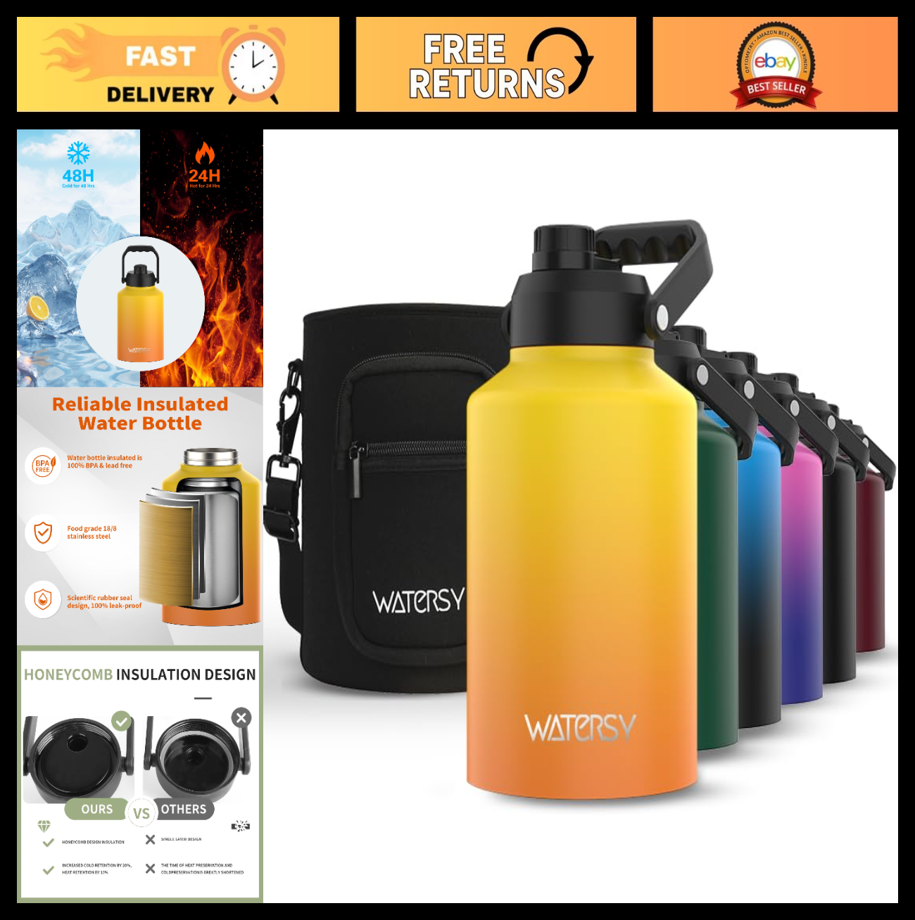 128oz Insulated Water Bottle - BPA Free, Leak Proof, Cold for 48 Hrs, Large Jug0