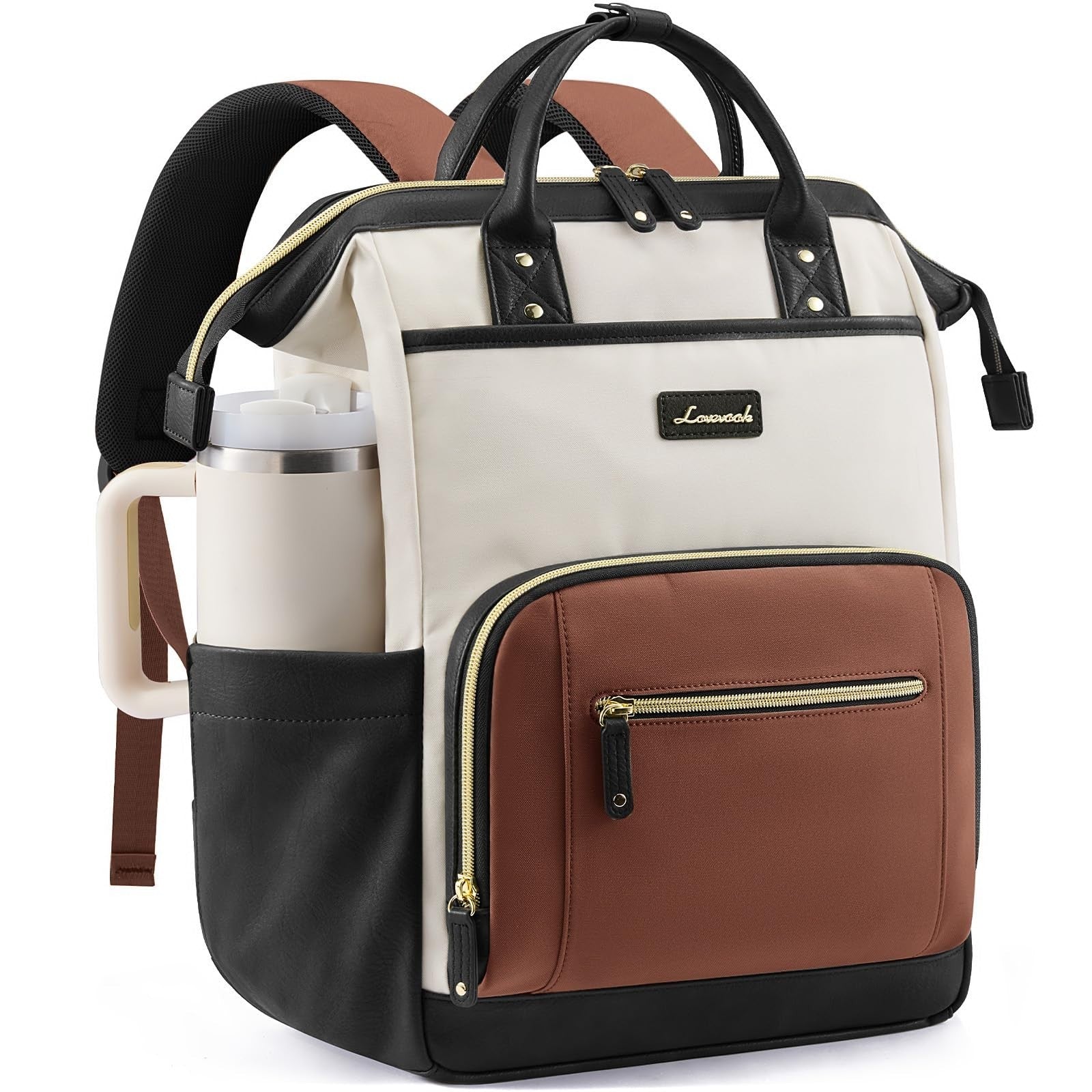 Stylish 15.6" Laptop Backpack for Women, Waterproof Travel Bag with Tumbler Hold0