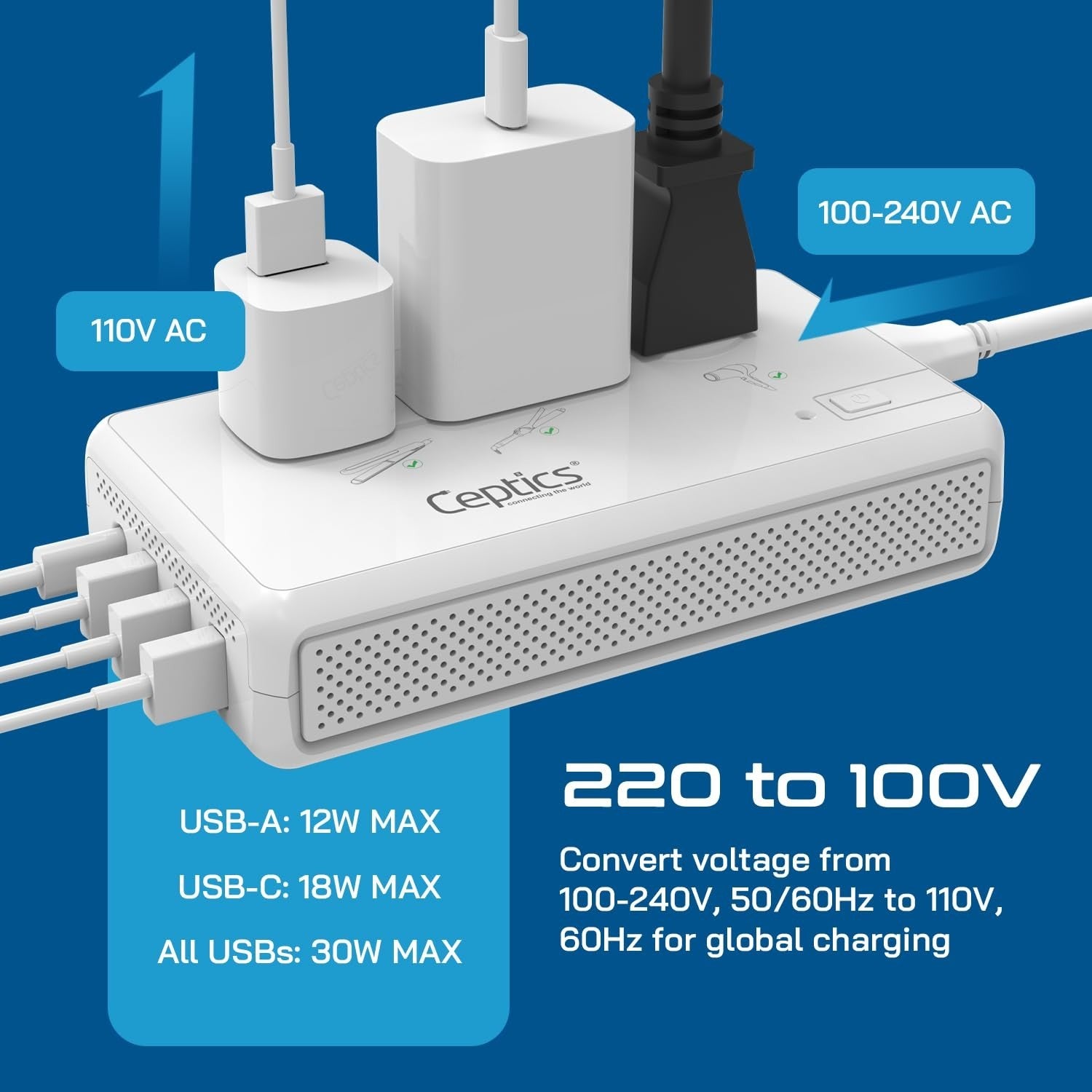 220V to 110V Voltage Converter, 2x 200W & 1x 2000W Outlets, USB-C PD 18W, Travel5