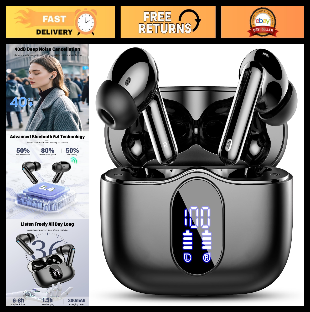 Wireless Earbuds Bluetooth 5.4, Noise Cancelling, 36H Playtime, IP7 Waterproof,0