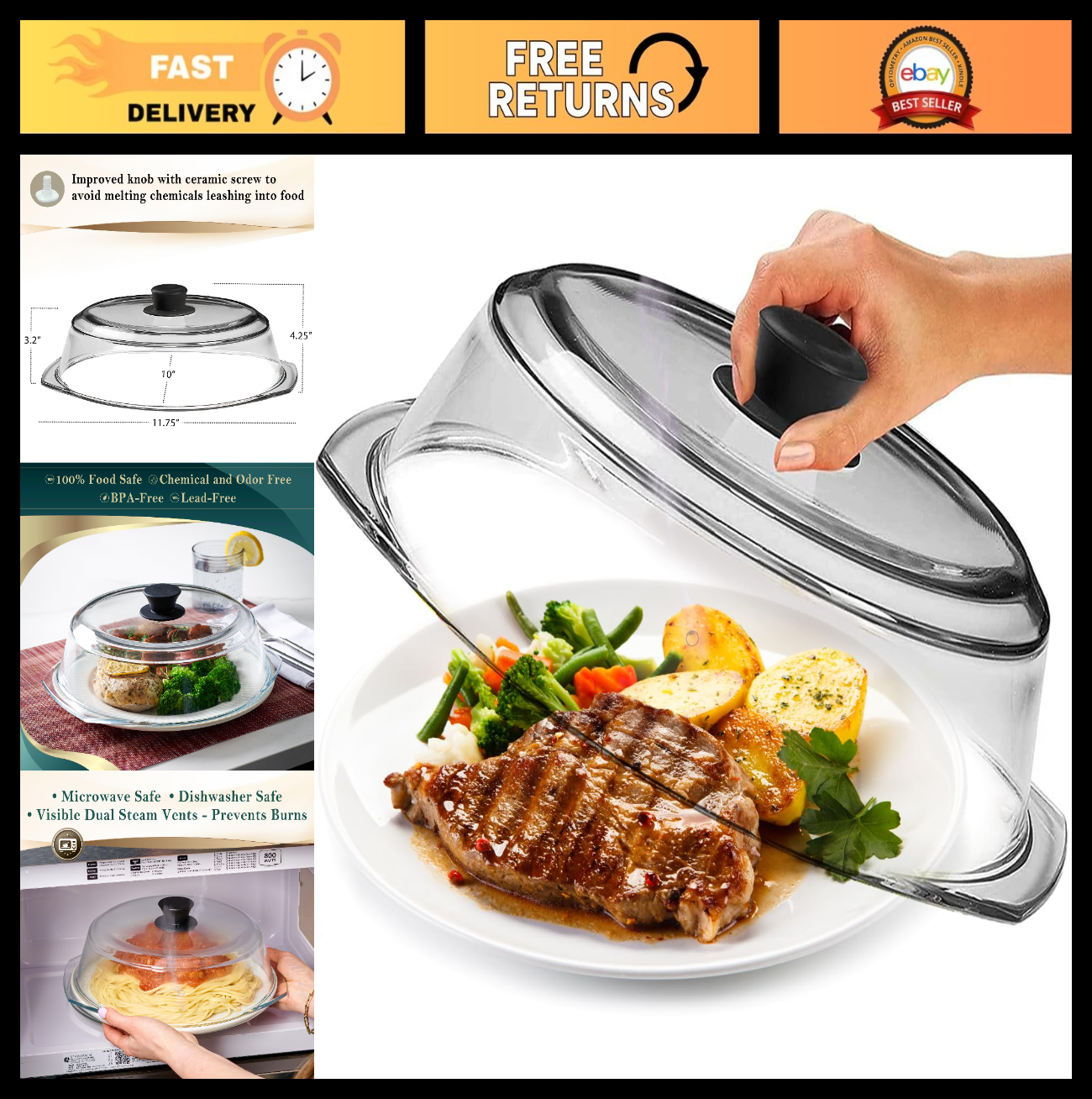 Microwave Splatter Cover   10" Glass Food Lid with Silicone Handle, BPA Free, Di0