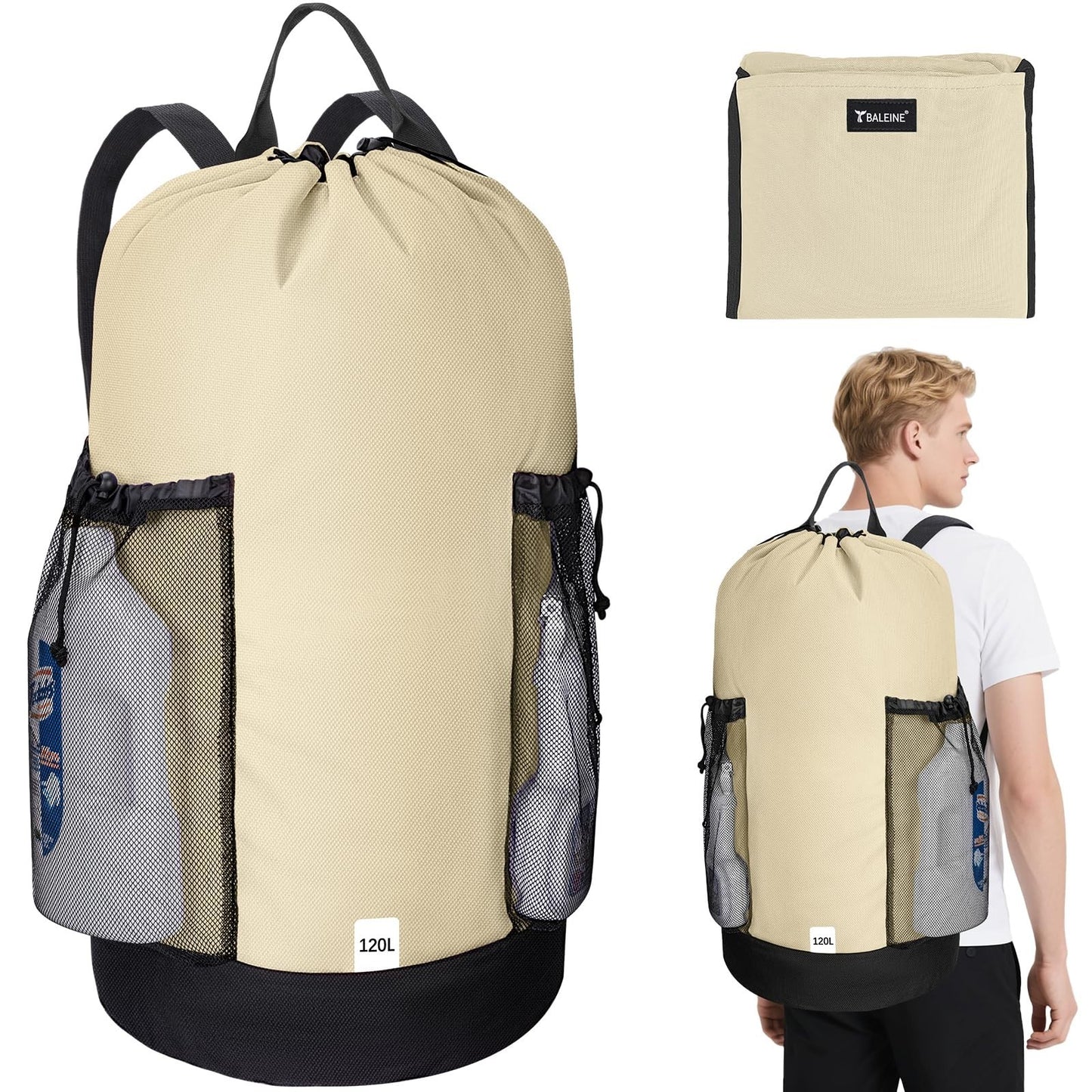 Large 120L Laundry Backpack Bag, Durable 900D Oxford, Mesh Pockets, College Use1
