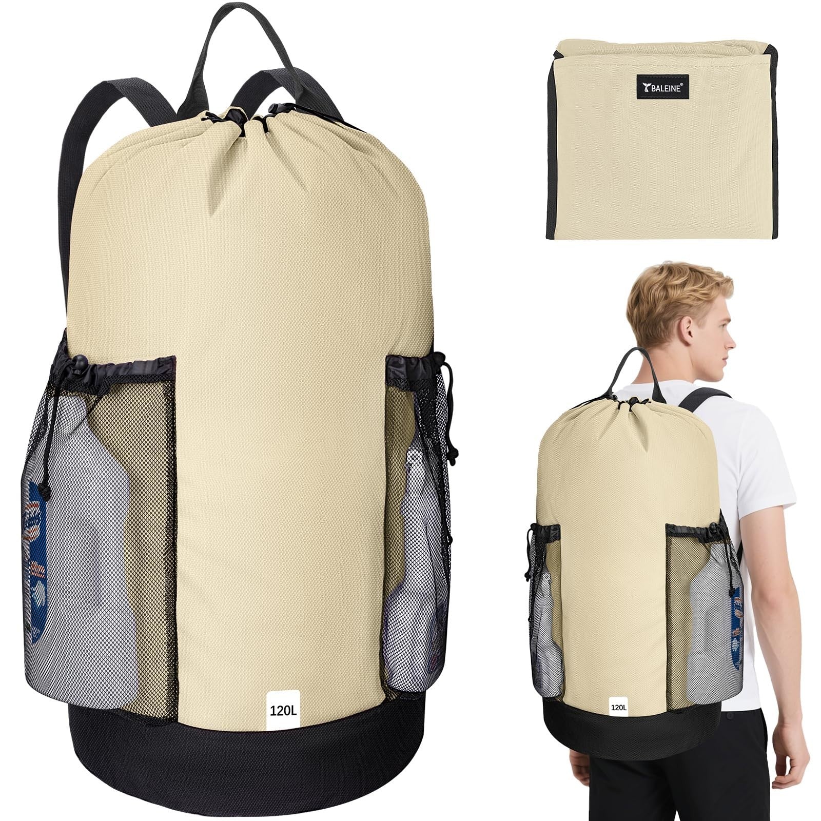 Large 120L Laundry Backpack Bag, Durable 900D Oxford, Mesh Pockets, College Use1