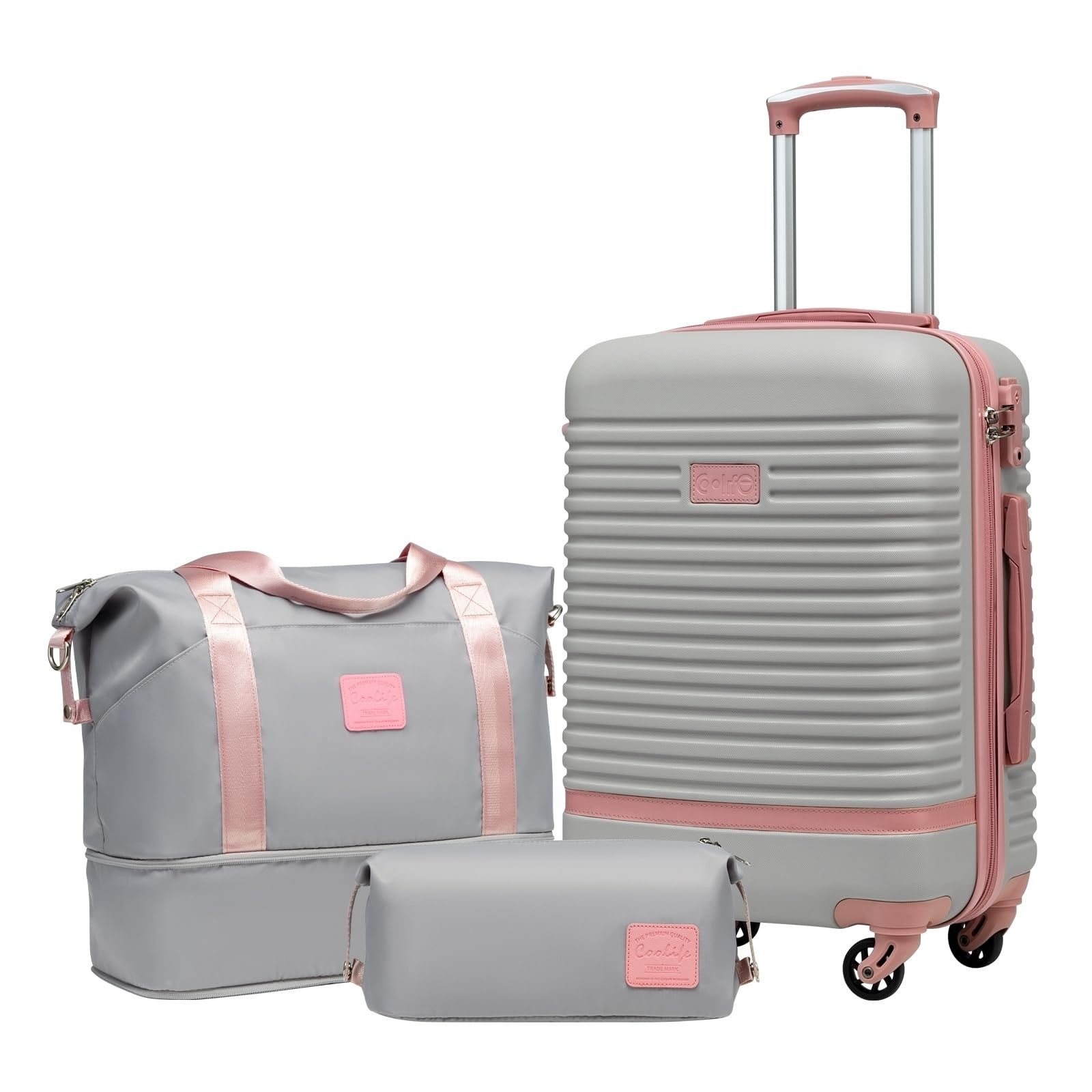 3-Piece Carry-On Luggage Set, Gray Pink - 360° Spinner Wheels, Trolley Sleeve, W1