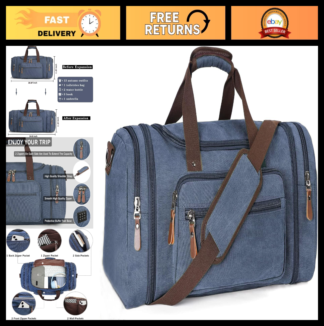 Large Canvas Duffle Bag - Outdoor Shoulder Tote, Overnight Travel Luggage, Weeke0