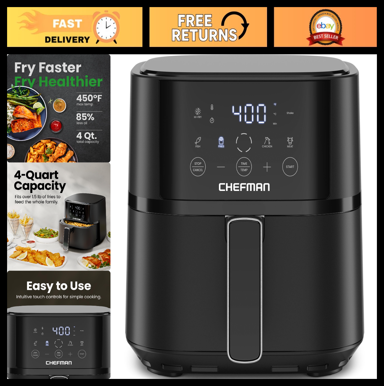 Compact 4QT Air Fryer with Hi Fry Technology, Touchscreen Controls, Nonstick Bas0