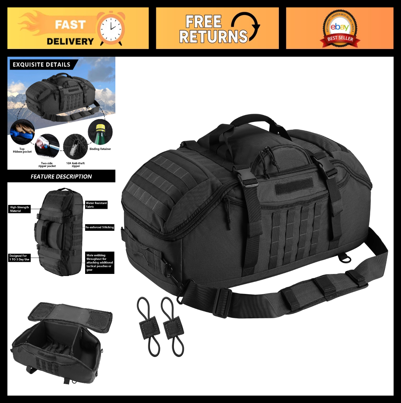 Large 65L Tactical Duffle Bag, 3 in 1 MOLLE Backpack for Sports, Gym & Outdoor0