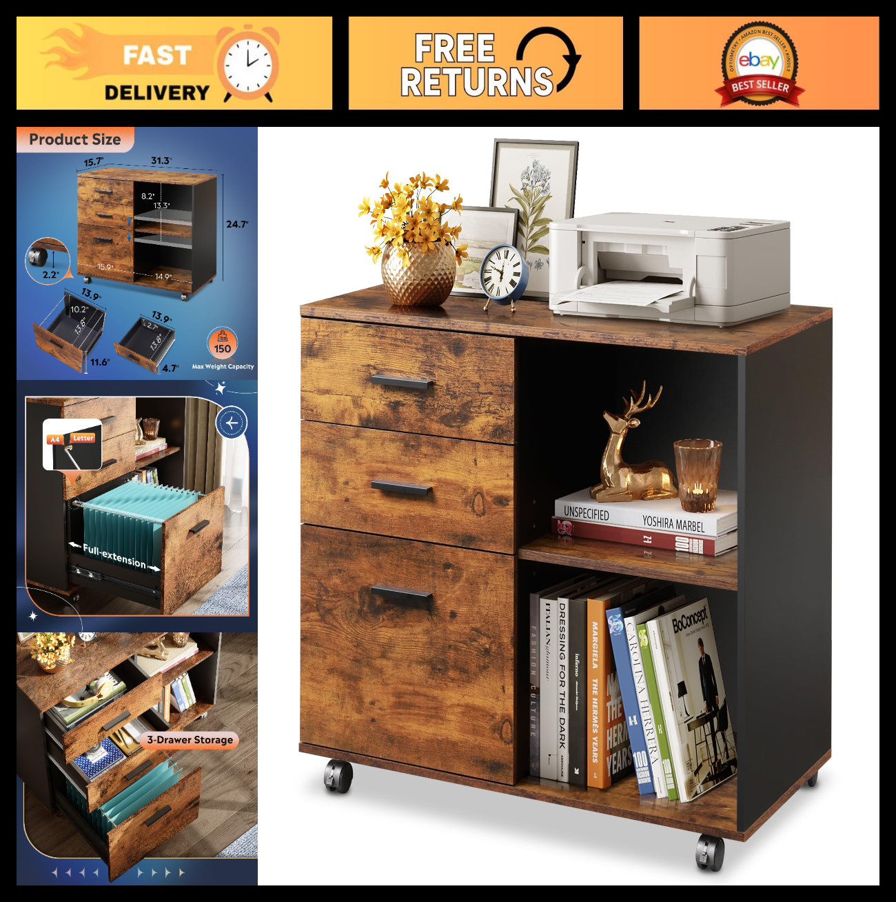 3 Drawer Mobile File Cabinet   Rustic Brown Lateral Filing, Rolling Printer Stan0