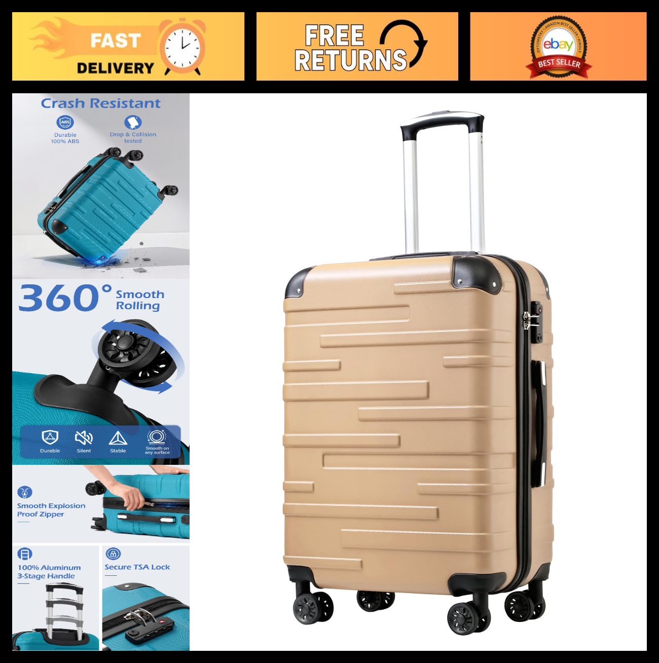 24" Hardside ABS Luggage - TSA Lock, Scratch-Resistant, 360° Spinner Wheels, Dur0