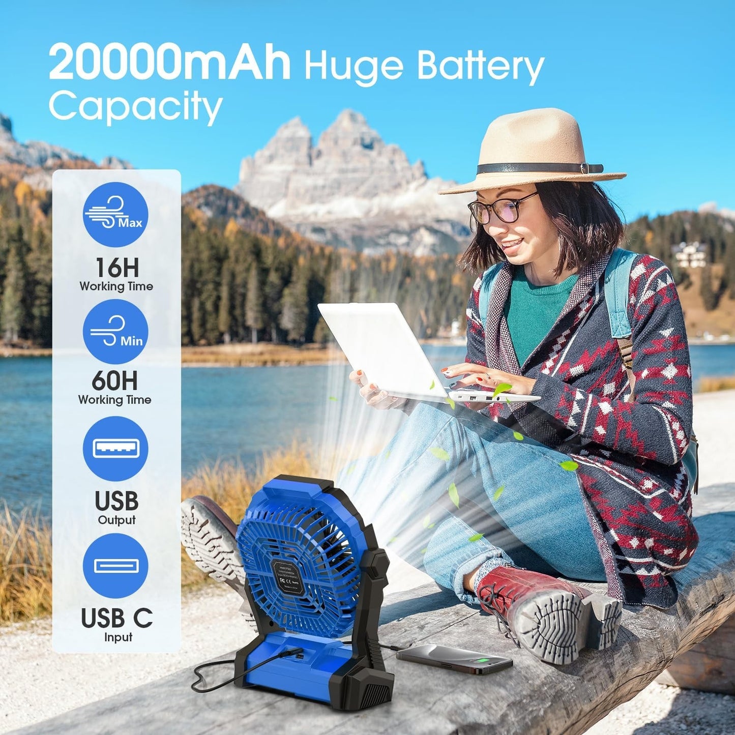 Rechargeable Portable Fan with LED Lantern   20000mAh Battery, Cordless for Trav2