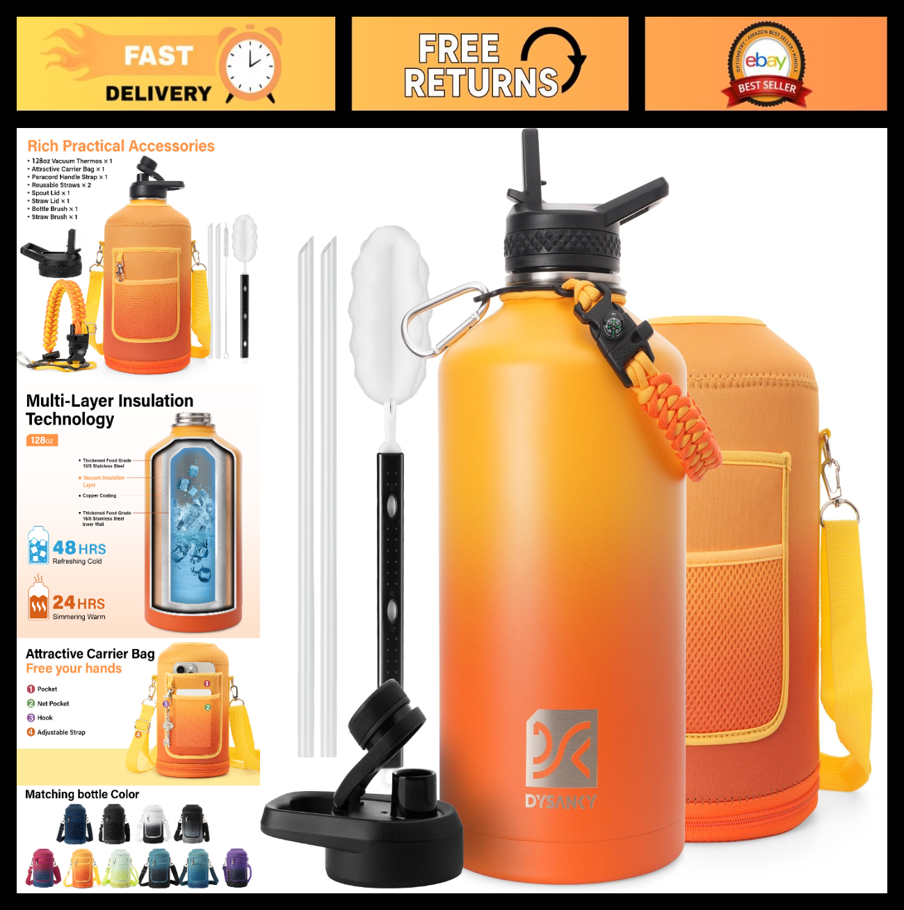 Insulated Gallon Water Bottle with Carrier Bag - Perfect for Outdoor Adventures0