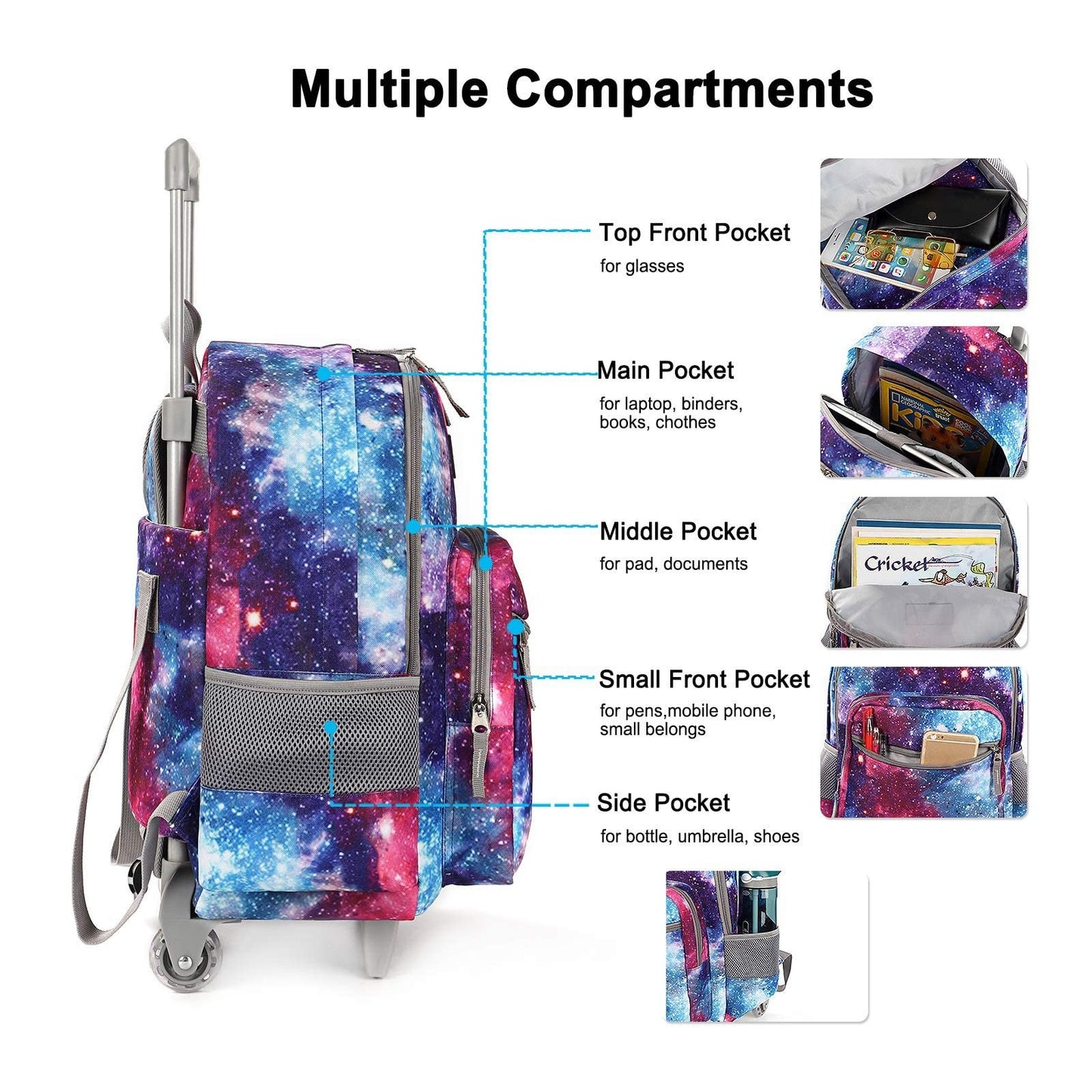 Wheeled Kids Rolling Backpack 18" with Lunch Bag, Double Handle, Galaxy Design4