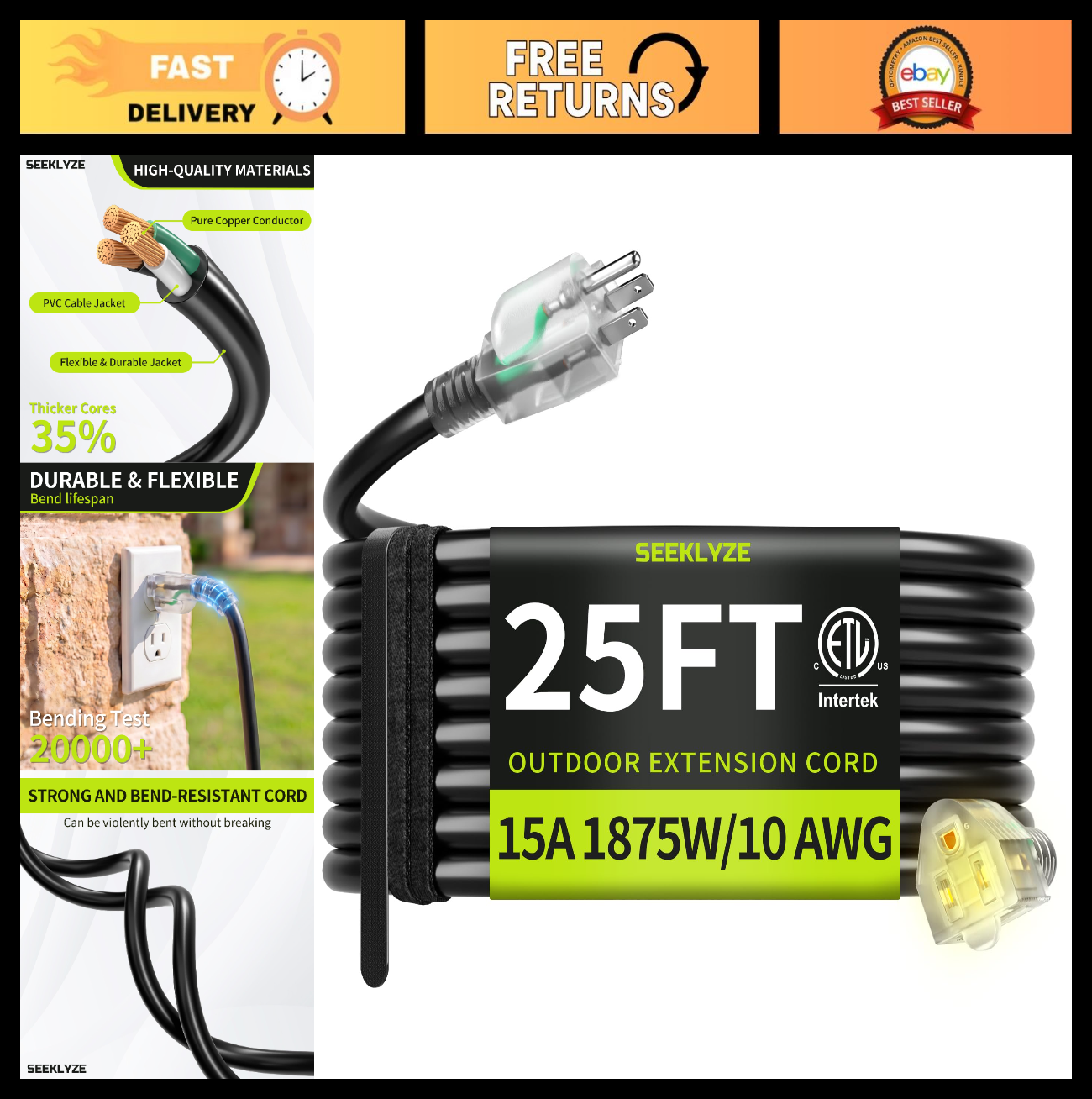 25FT Heavy Duty 10AWG Outdoor Extension Cord with Lighted End   Weather Resistan0