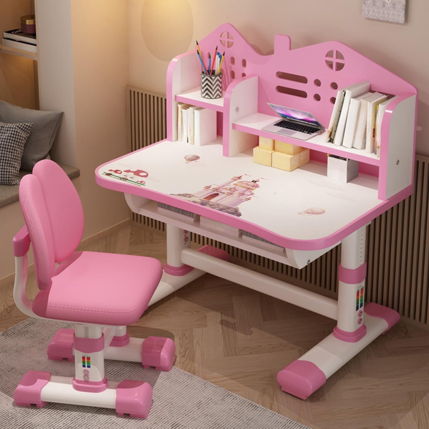 Adjustable Kids Study Table & Chair Set, Cute Cartoon Pattern, Widened Desktop,2