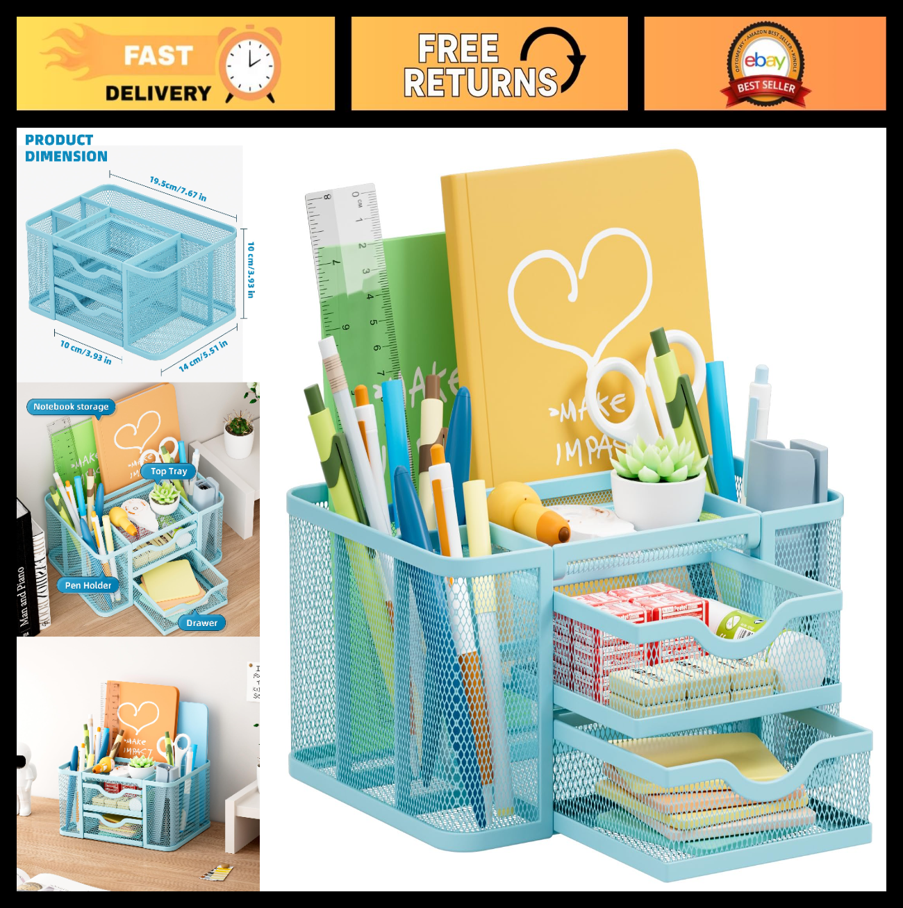 Multi Functional Mesh Desk Organizer with 2 Drawers, 5 Compartments, Blue0