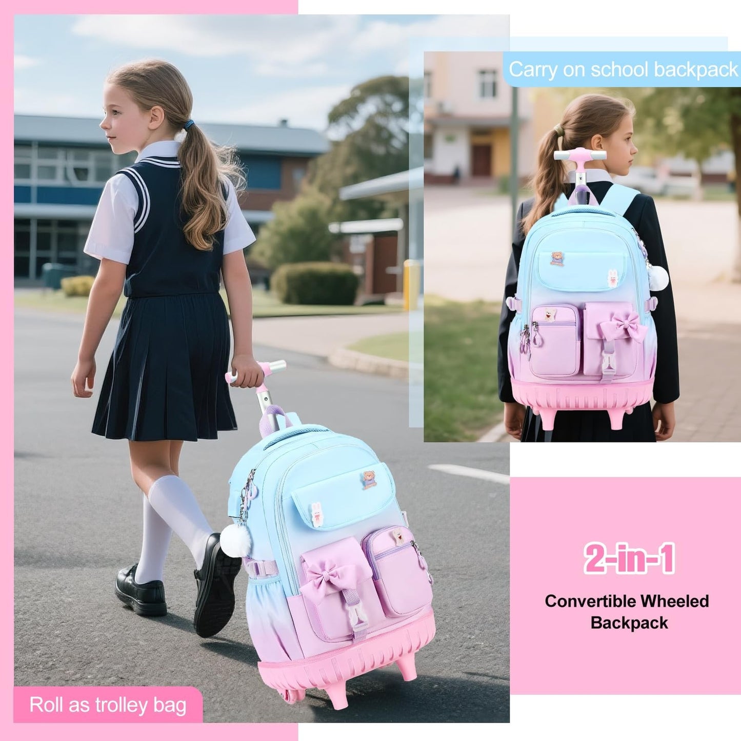 Rolling Backpack for Girls   Wheeled School Bag with Lunch Bag & Pencil Pouch, T6