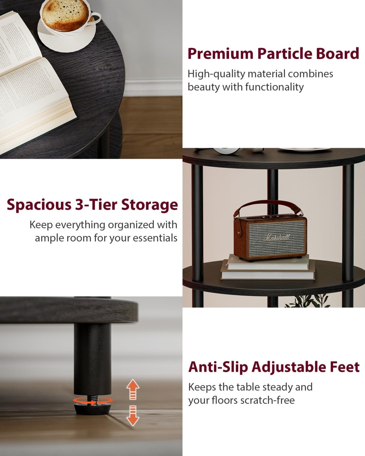 3-Tier Small Round End Table Set of 2 - Vintage Industrial Accent Nightstand for4