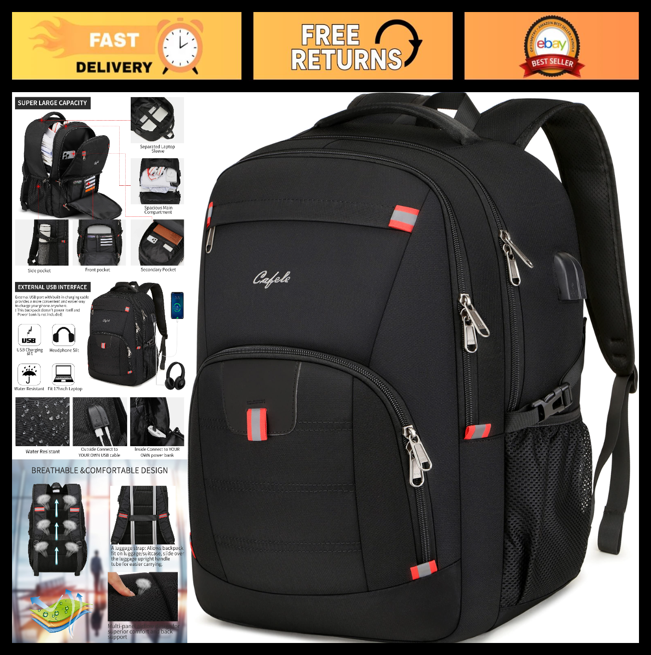Large 17.3" Laptop Backpack with USB Charging Port, Water Resistant Rucksack for0