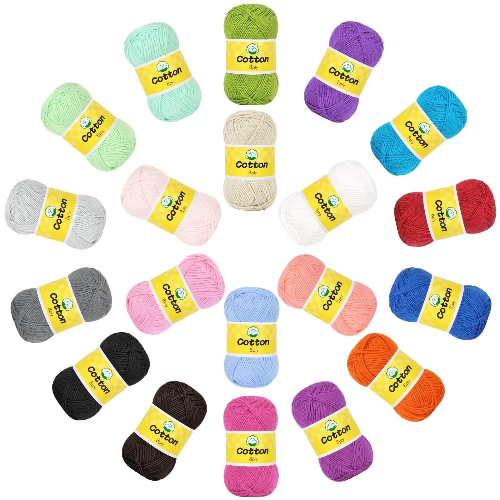 100% Cotton Mini Crochet Yarn - 20 Pack, Soft Baby Yarn Set, #2 Sport Weight, 901