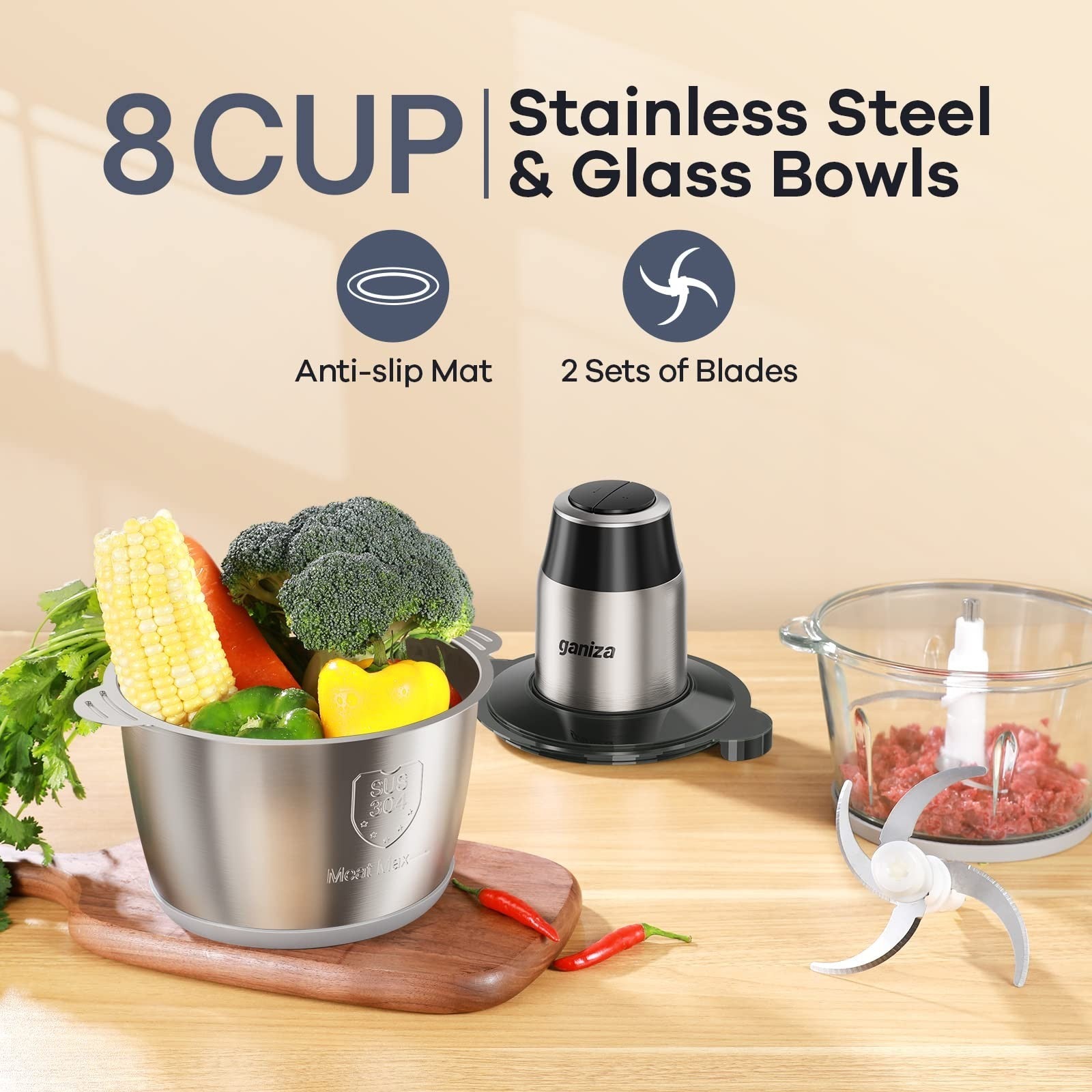 Multi-Functional Food Processor with 2 Bowls, 450W Meat Grinder & Veg Chopper5