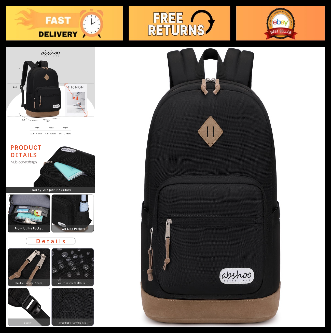 Classic School Backpack for College, Teen Bookbag, Casual Daypack   Black0
