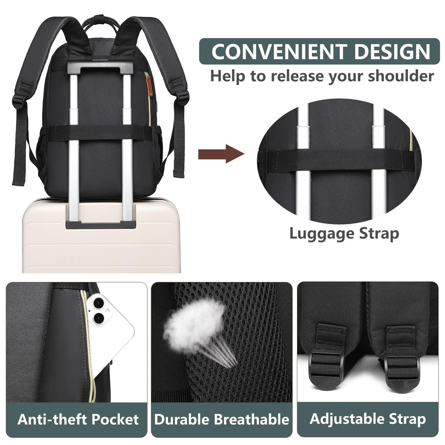 Stylish Waterproof Laptop Backpack for Women   15.6" USB Charging College Bag, A4