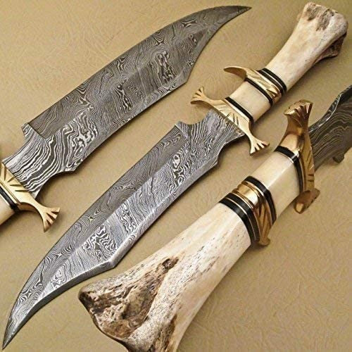 Custom Handmade Damascus Steel Hunting Knife with Camel Bone Handle - Unique Gif1