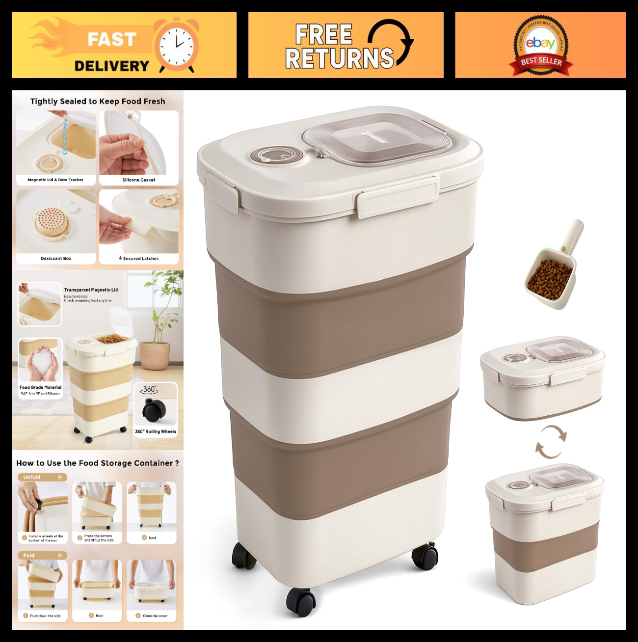 Large Airtight Dog Food Storage Container 40-50lbs with Wheels, Collapsible, Sco0
